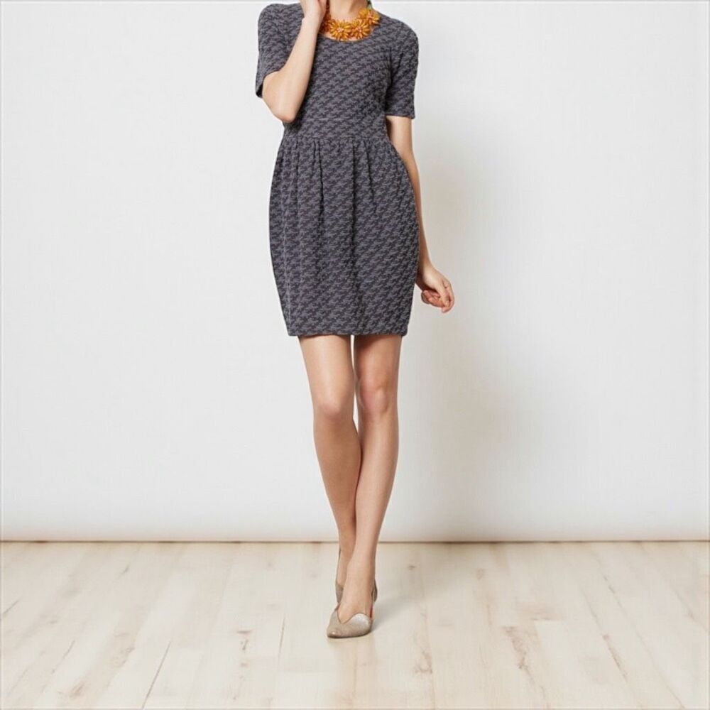 GANNI Athena Scoopneck Textured Grey Motif Short Sleeve Mini Dress Women's XS